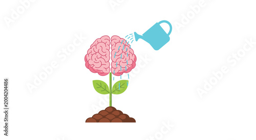 A stylized pink brain shaped like a flower growing from soil being watered by a blue watering can isolated on a pristine white background for clarity.