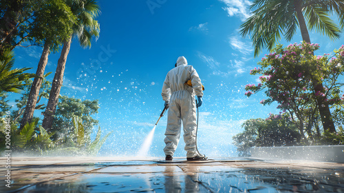 professional cleaner in protective suit spraying water outdoors tropical resort