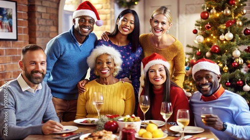 Gathering of friends celebrating Christmas together with joy and laughter at a cozy home