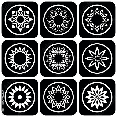 Set of Design Elements and White Flower Icons on Black Backgrounds.
