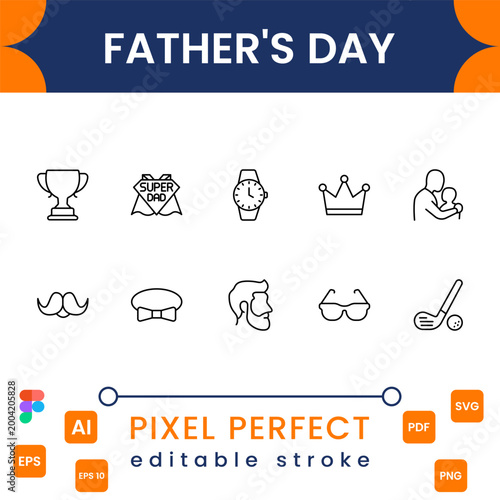 Fathers day icon collection with dad, gifts, mustache, tie and love symbols modern minimal vector design for greeting cards