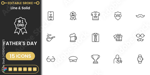 Fathers day celebration icon pack featuring dad accessories, gifts, love symbols and family elements clean vector set