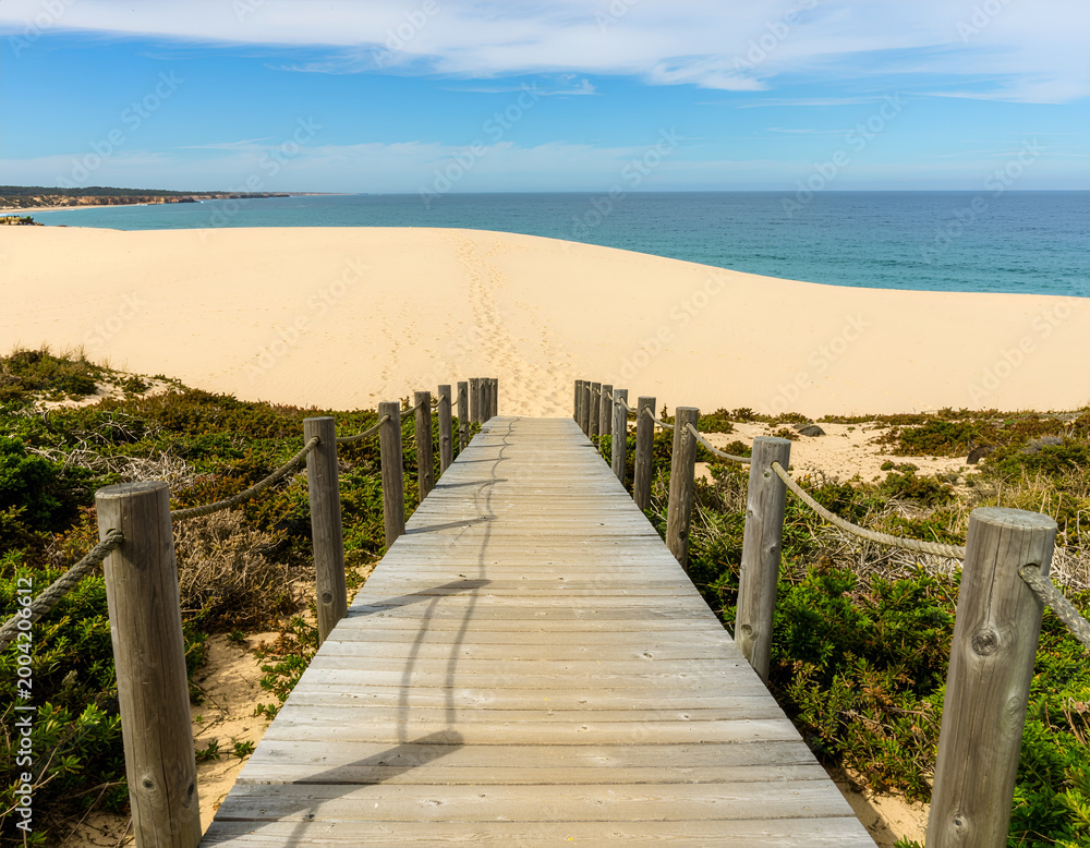 Fototapeta premium Wooden boardwalk leading to wide sandy beach and calm ocean.