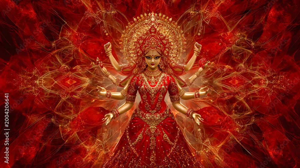 Fototapeta premium hindu goddess durga digital art with golden crown and red fiery background
