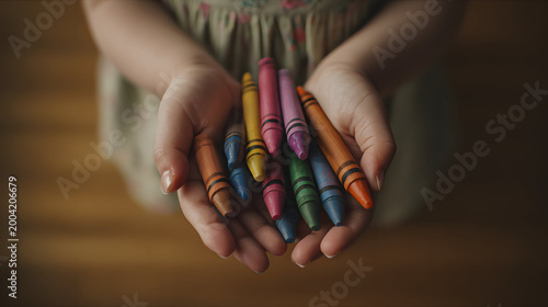 child holding colorful crayons in hands close-up warm natural light