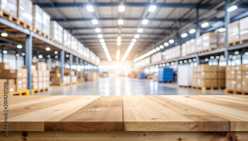 Empty wooden table in bright warehouse storage interior.