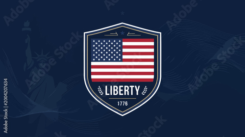 American patriotic shield emblem featuring stars and stripes with liberty text and founding year 1776 against a dark background
