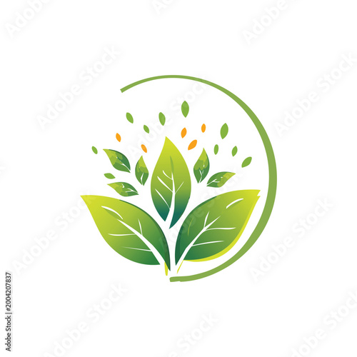 Green leafy logo with curved line.