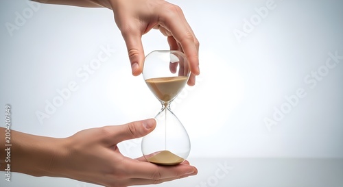 Hands holding an hourglass with sand flowing down as a concept of time management
