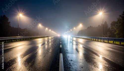 Rainy highway at night with headlights and fog.