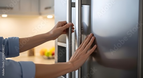 Closeup of a persons hands opening a modern stainless steel refrigerator door