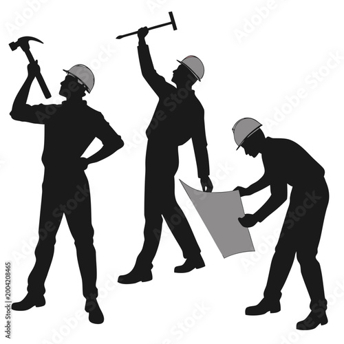 Black silhouette illustration of workers and people including a man with various activities and roles
