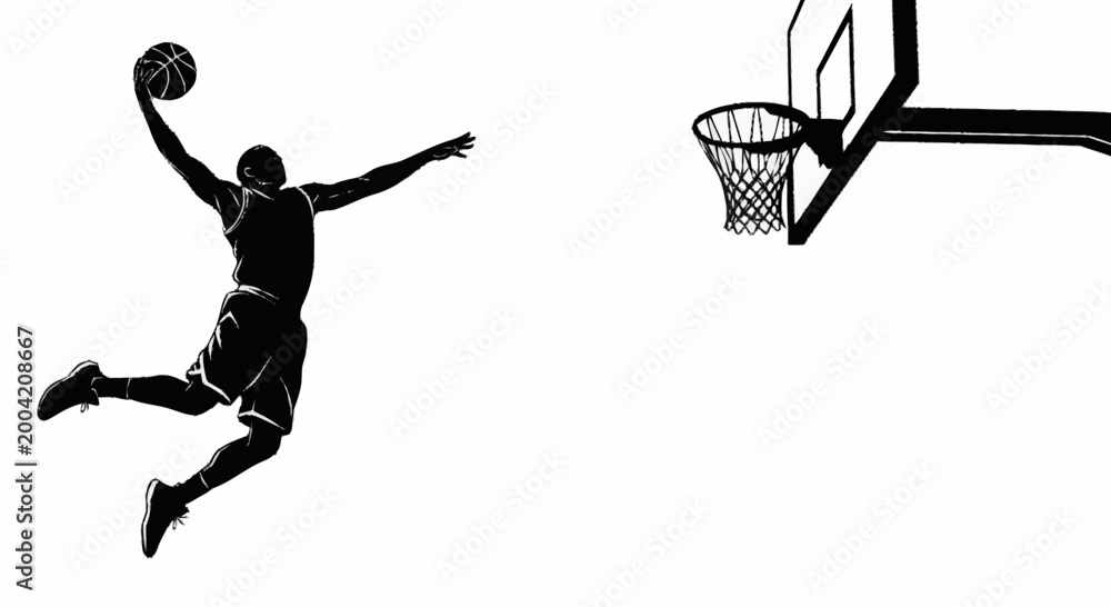 Obraz premium Black silhouette of a basketball player jumping to score a basket