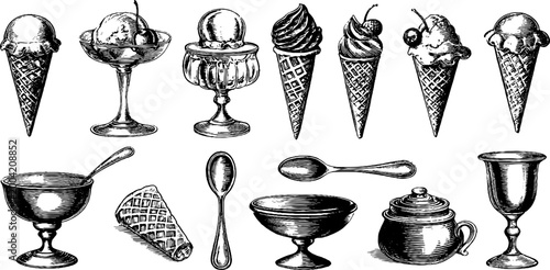 Hand drawn ice cream cones and dessert dishes on white background