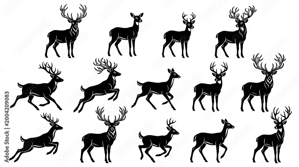 Fototapeta premium Black White Deer Silhouette Vector Set - Wildlife Animals, Buck, Stag Doe Glyphs