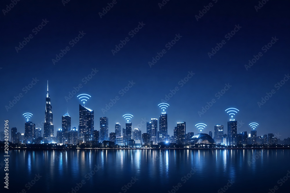 Fototapeta premium Futuristic Smart City Network with Signal Waves and IoT Connectivity in Night Skyline Cyberpunk Concept