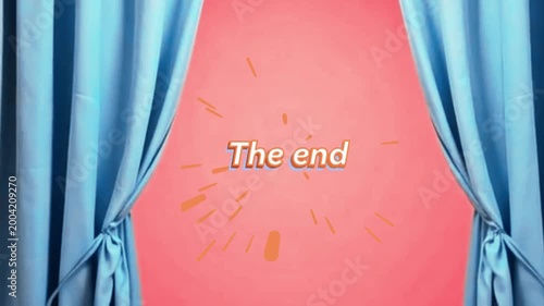 Theater curtain opening with pop-up The End text for movie finale or presentation closing.