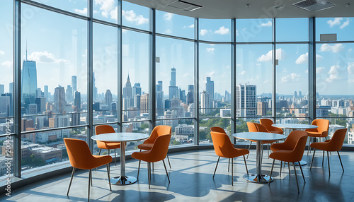 Modern office break room with orange chairs and city skyline view through large windows on a sunny day with clouds