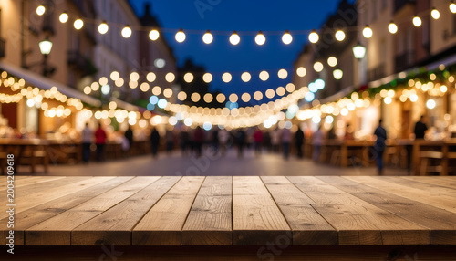 Empty wooden table with festive street market lights at dusk.
