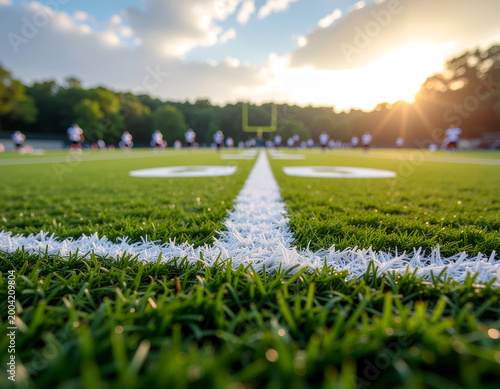Low angle view of football field yard line at sunset.