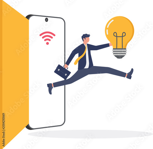 Professional jumping with idea bulb through mobile portal