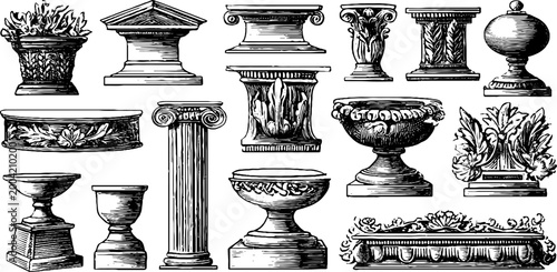 Classical architectural capitals and urns arranged on white background
