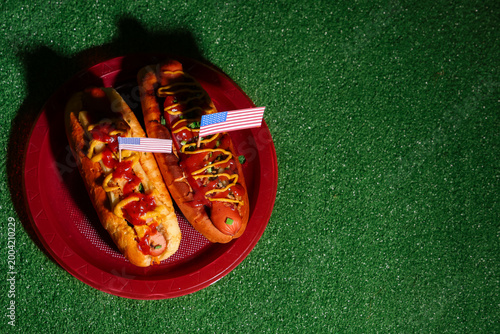 Plate with tasty hot dogs a...