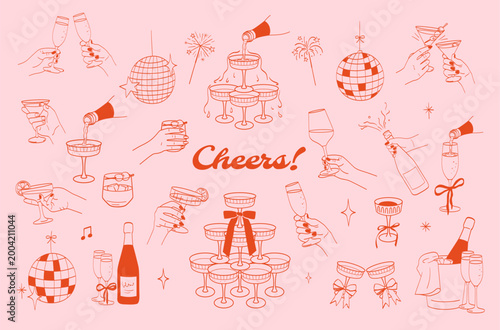 Cheers party celebration. Hand holding champagne wine glass. Outline icons