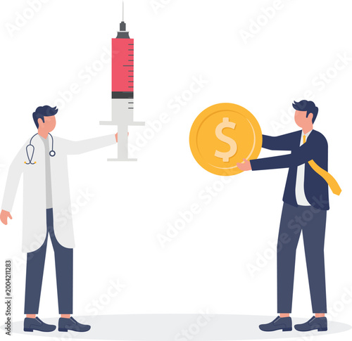 Doctor exchanging medical syringe for gold coin