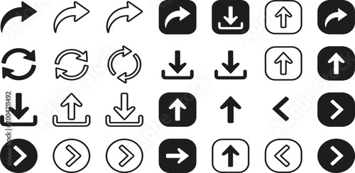 Minimalist black and white arrow icon set for web interface design including download, upload, refresh, and navigation symbols in outline and solid styles isolated on white background for mobile apps.