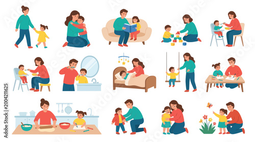 Flat Design Illustration Set: Parents and Children Daily Activities, Family Life and Parenting