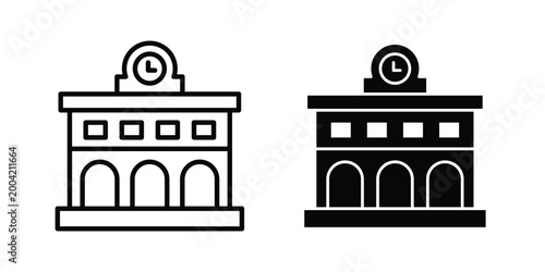 Train station building icon design pack in white and black color