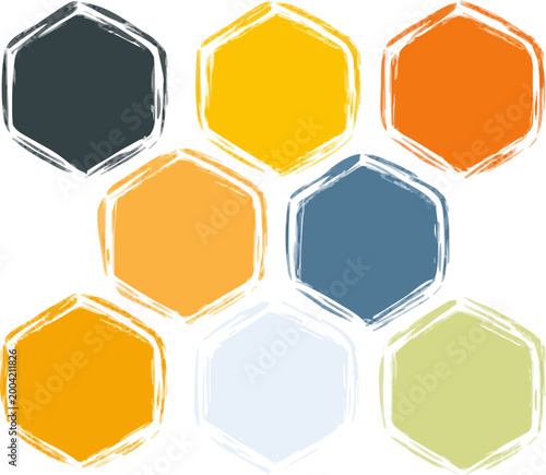 A professional descriptive sentence for the given abstract hexagon grunge illustration is: Sharp honeycomb shapes in flat amber, charcoal, and solid color blocks create a weathered texture with no