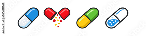 Collection of colorful medical capsules and pills with different contents and designs