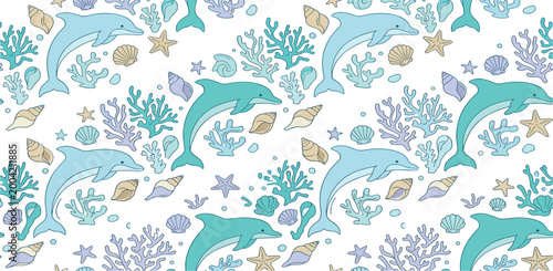 Seamless pattern with hand drawn dolphins, colorful sea shells, starfish, and coral reefs on white background for textile, wallpaper, nautical fabric design, and summer ocean theme wrapping paper.