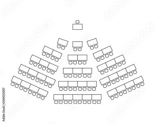 Top view vector layout of conference room seating arrangement with semicircle chair setup, classroom meeting plan, auditorium floor schema, furniture map and blueprint icon illustration.