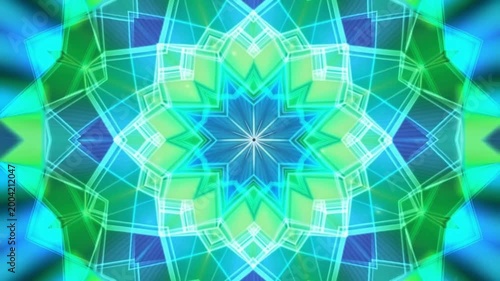 Bright kaleidoscopic mandala animation with glowing patterns in seamless motion loop.