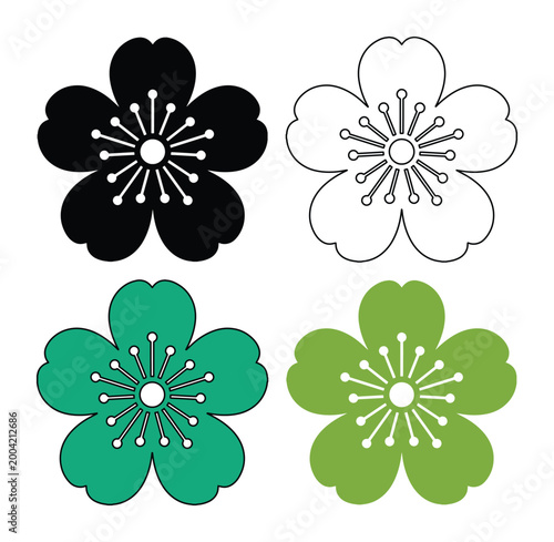 Set of 4 Plum Blossom Flower Icons Vector isolated PNG with Transparent Background