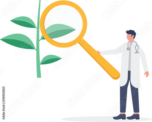 Doctor inspecting plant leaves with magnifying glass