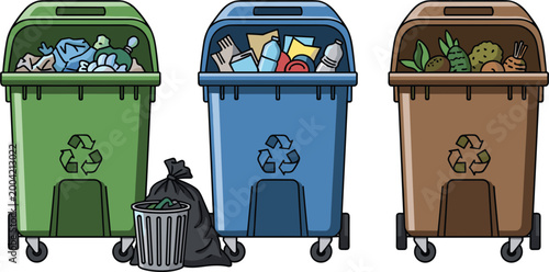 Sustainable Waste Management Vector Collection Featuring Green, Blue, and Brown Recycling Bins with Sorted Garbage, Trash Bags, and Disposal Containers for Environmental Ecology Designs