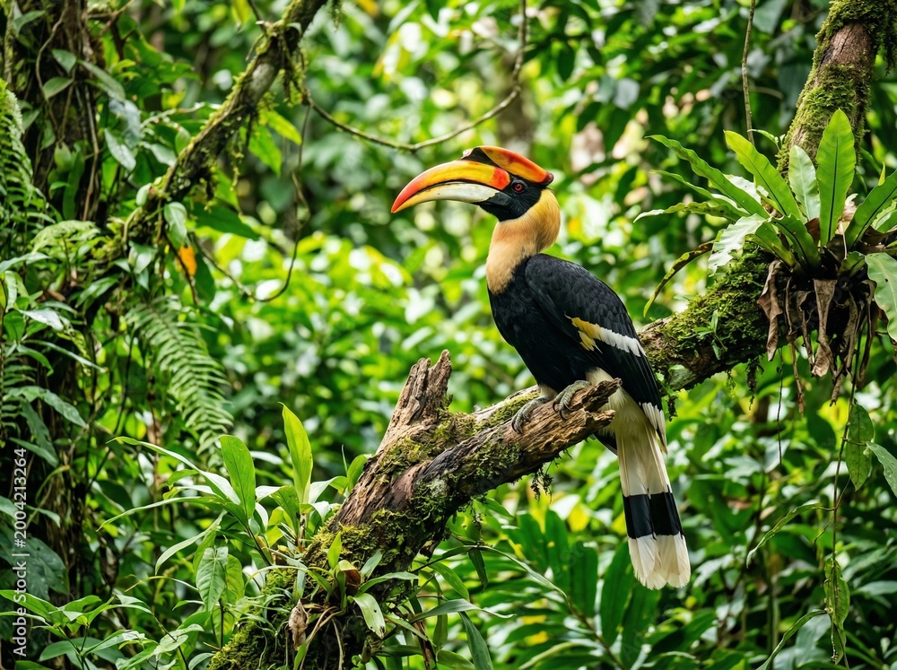 Obraz premium Hornbill with large beak in jungle vibrant colors wildlife scene
