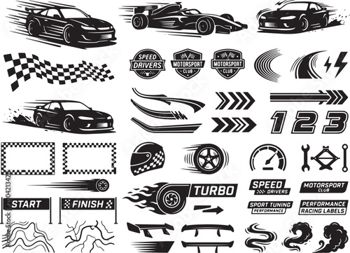 Tableau sur toile Racing, speed, and turbo icons, black and white vector graphics, 25 elements, sp