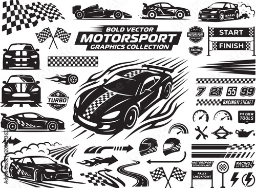 Bold Motorsport Graphics, Vector Racing Icons, Black and White Car Elements, Checkered Flags