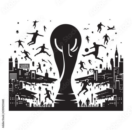 Dynamic Black and White Illustration Featuring Soccer Players Celebrating Around a Trophy in a Cityscape Setting