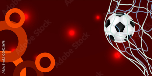 Dynamic soccer ball flying towards goal net with abstract red and orange geometric shapes background