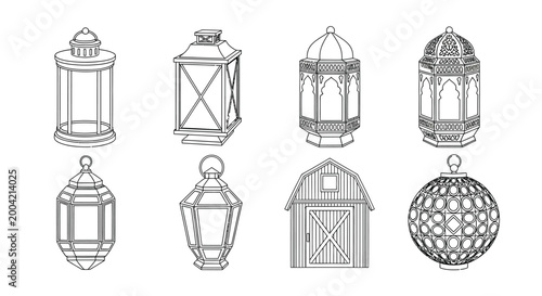 set of decorative lanterns in black and white line drawings