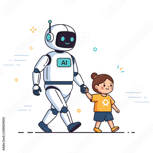 Cute robot and child walking together illustration in minimalist style