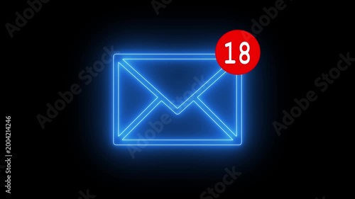 message count concept video on black background, neon glowing email notification counter with envelope icon and unread badge on dark background loop animation 4k video.