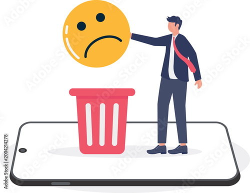 Professional deleting sad face emoji from mobile screen