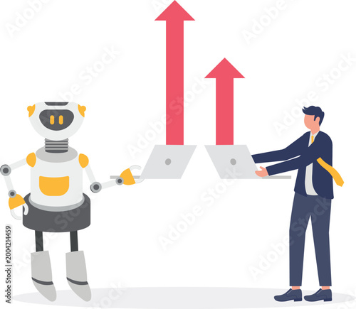 AI robot and professional collaborating with laptops